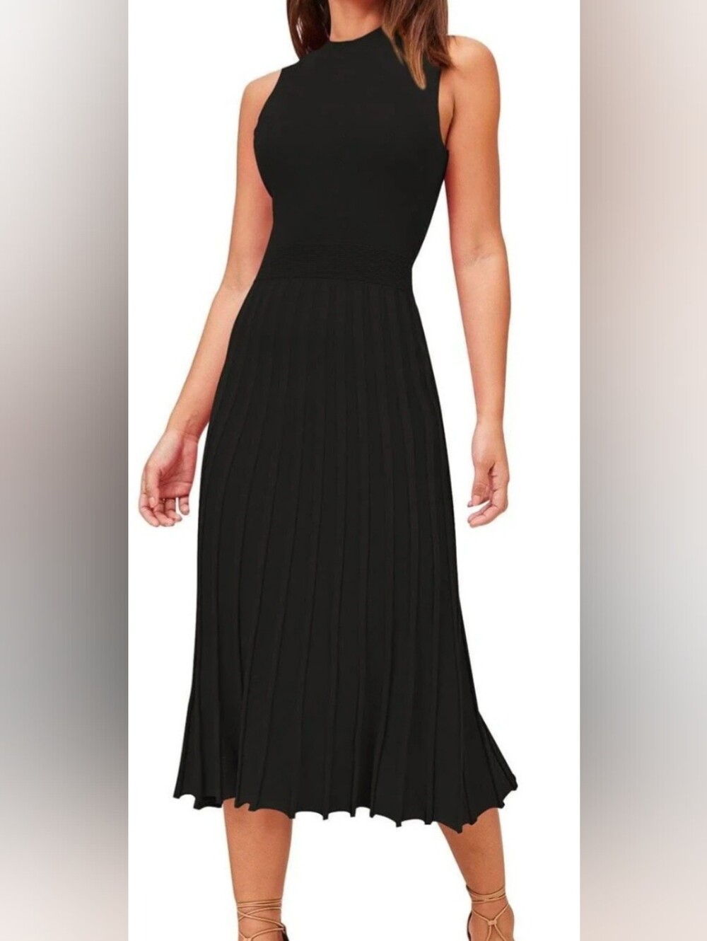 Pink Queen Women's Sleeveless Midi Dresses High Waisted Pleated Ribbed Knit Swin